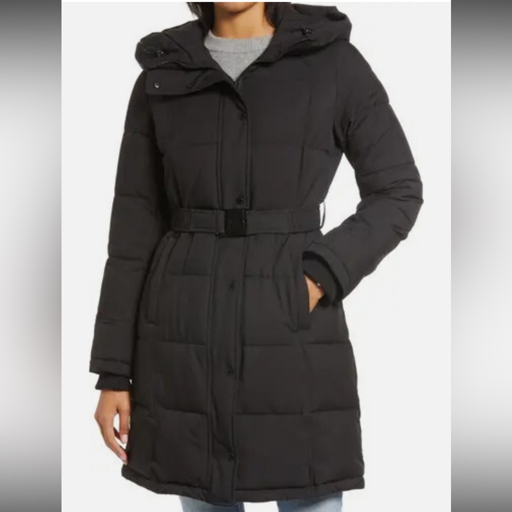 Sam Edelman Womens Belted Puffer Coat Black size L - Picture 2 of 9